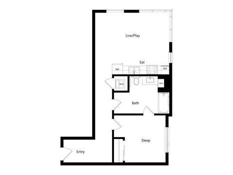 A floor plan of a room with a living area, kitchen, bathroom, and bedroom.